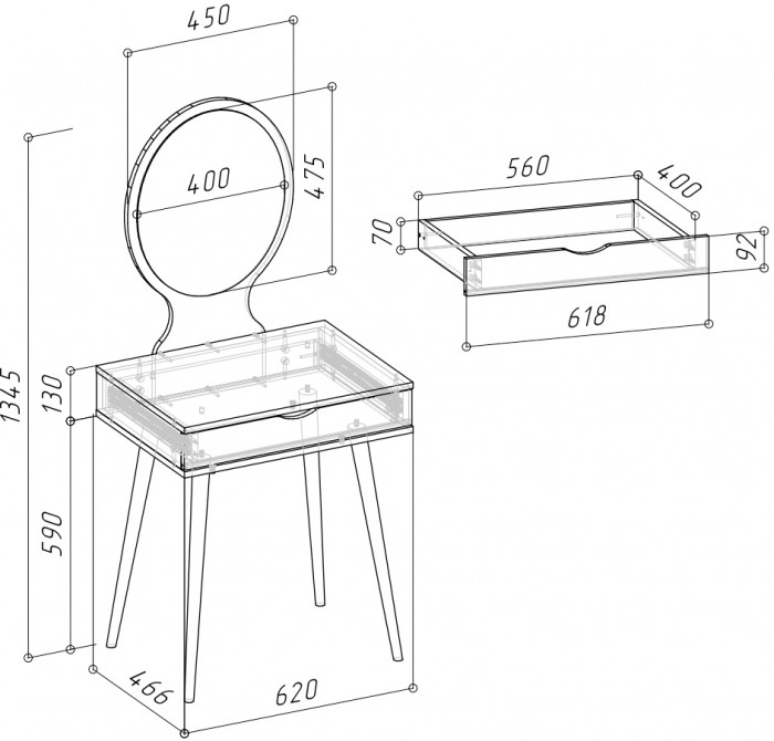 Трюмо 4-25912бел/дкс, цвет белый/дуб крафт серый, ШхГхВ 62х46,6х134,5 см.