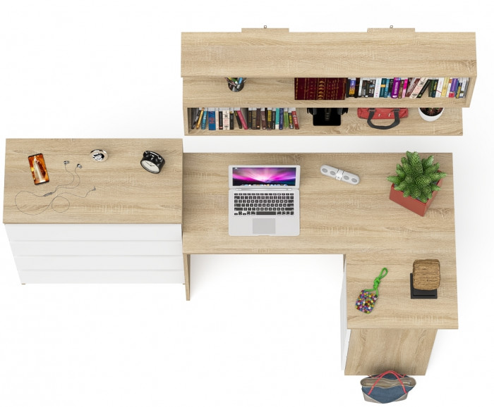 Мори компьютерный стол МС-16 правый + Комод МК800.4 + Полка 1200, дуб сонома/белый