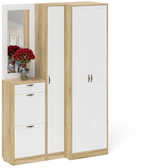 Прихожая П-6 Компоновка № 29, дуб сонома/фасады МДФ белое дерево фрезеровка прованс