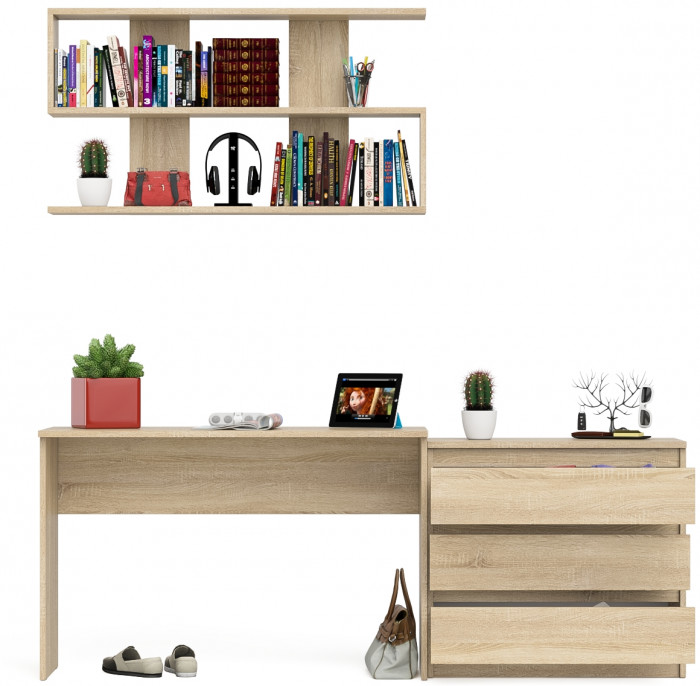 Мори Стол письменный МСП1200.1 + Комод МК800.1 + Полка 1200, цвет дуб сонома, ШхГхВ 200,8х50х209,6 см., универсальная сборка