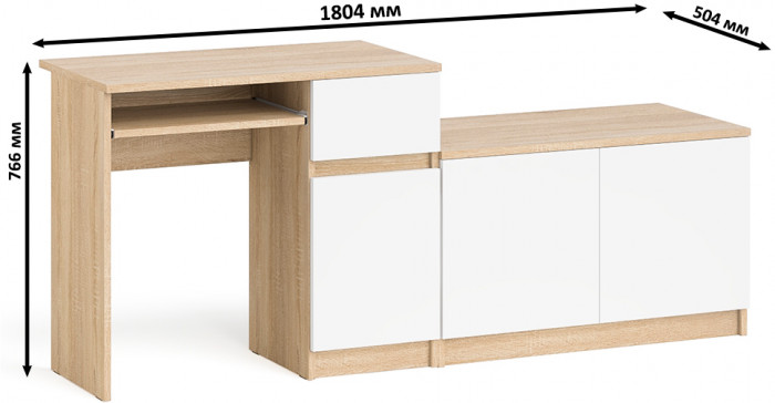 Мори Стол компьютерный МС-1 правый + Тумба МА900.1, цвет дуб сонома/белый, ШхГхВ 180,4х50,4х76,6 см., выдвижной ящик справа, НЕ универсальная сборка