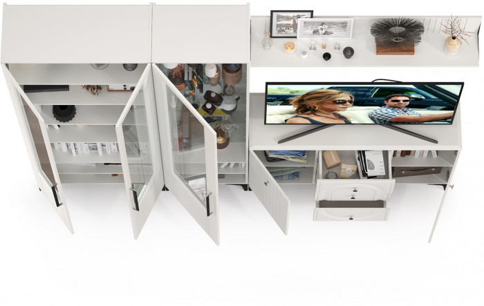 Валенсия Гостиная № 115, цвет ЛДСП белый шагрень/МДФ белый шагрень, ШхГхВ 272,3х38,4х225,2 см., универсальная сборка