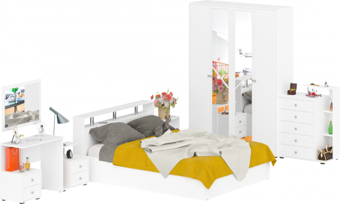 Камелия спальня № 3 Кровать 1600 + Две тумбы + Стол косметич. + Зеркало + Комод + Шкаф 4-х, цвет белый, сп.м. 1600х2000 мм., б/м, осн. есть