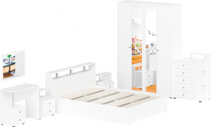 Камелия спальня № 3 Кровать 1600 + Две тумбы + Стол косметич. + Зеркало + Комод + Шкаф 4-х, цвет белый, сп.м. 1600х2000 мм., б/м, осн. есть