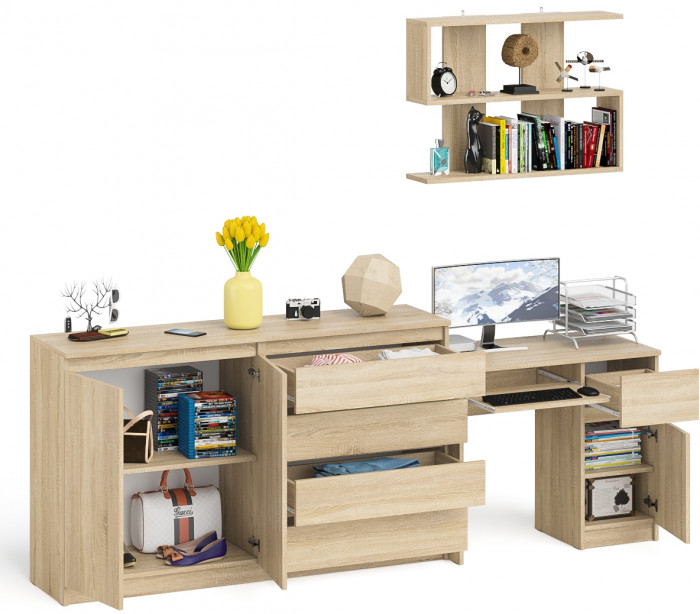 Мори компьютерный стол МС-1 правый + Комод МК1600.1 + Полка 900, дуб сонома
