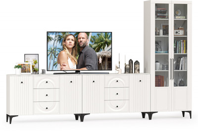 Валенсия Гостиная № 120, цвет ЛДСП белый шагрень/МДФ белый шагрень, ШхГхВ 350,4х38,4х225,2 см., универсальная сборка