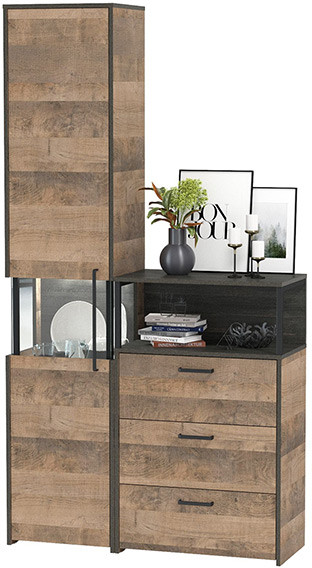 Трувор 13.205 Шкаф-пенал с витриной + 13.307.02 Комод с ящиками, дуб гранж песочный/интра