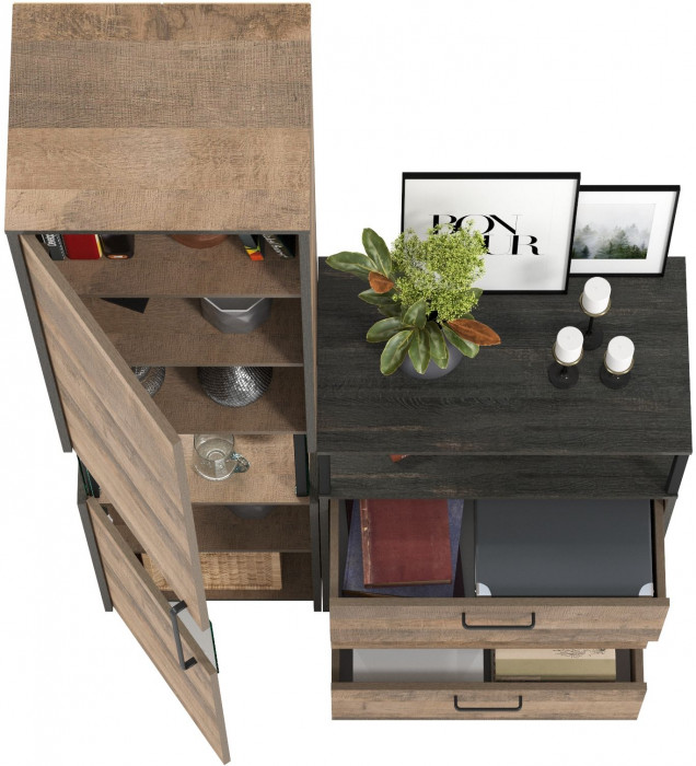 Трувор 13.205 Шкаф-пенал с витриной + 13.307.02 Комод с ящиками, дуб гранж песочный/интра