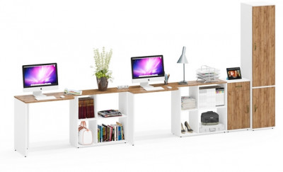 Лидер-8 Стол + Стол + Пенал МД 22Б + Тумба МД 3.15, цвет белый шагрень/крафт золото, ШхГхВ 410х50/37,5х75/190 или 230х160/50х75/190 см., НЕ ун. сб.