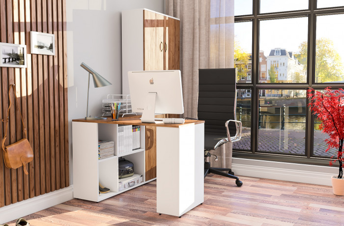 Лидер-8 Стол + Пенал + Пенал, цвет белый шагрень/крафт золото, ШхГхВ 245х50/30х75/190 см. или 115х50/160х75/190 см., НЕ универсальная сборка