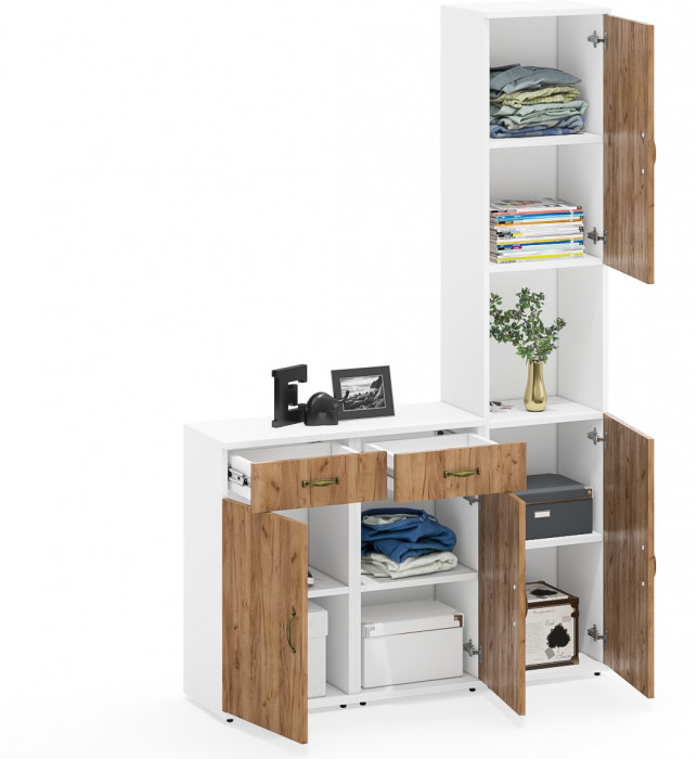 Лидер-8 Пенал + Тумба МД 3.15 + Тумба МД 3.15, цвет белый шагрень/крафт золото, ШхГхВ 120х30х190 см., универсальная сборка