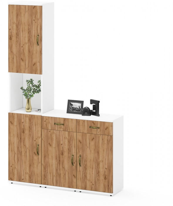 Лидер-8 Пенал + Тумба МД 3.15 + Тумба МД 3.15, цвет белый шагрень/крафт золото, ШхГхВ 120х30х190 см., универсальная сборка