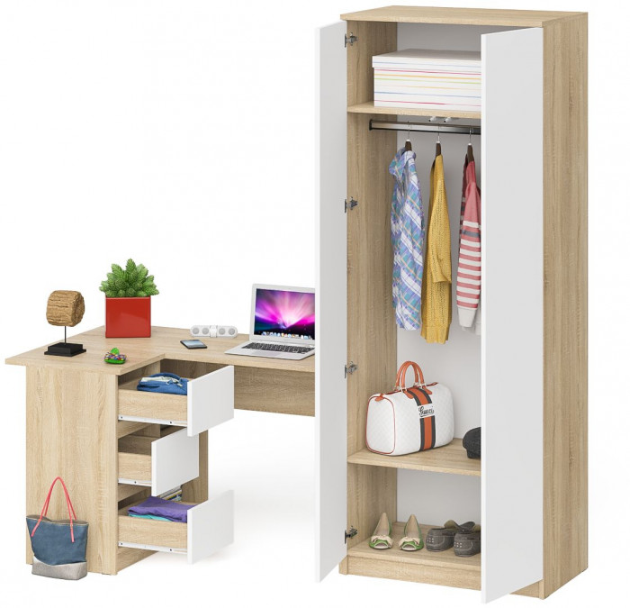 Мори компьютерный стол МС-16 левый + Шкаф МШ800.1, дуб сонома/белый