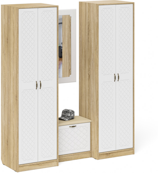 Прихожая П-6 Компоновка № 08, дуб сонома/фасады МДФ белое дерево фрезеровка ромб