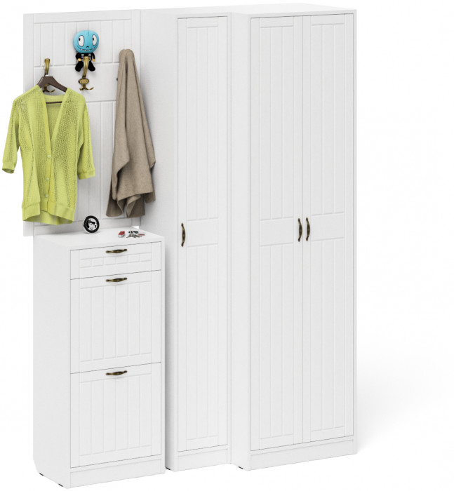 Прихожая П-6 Компоновка № 30, белая шагрень/фасады МДФ белое дерево фрезеровка прованс