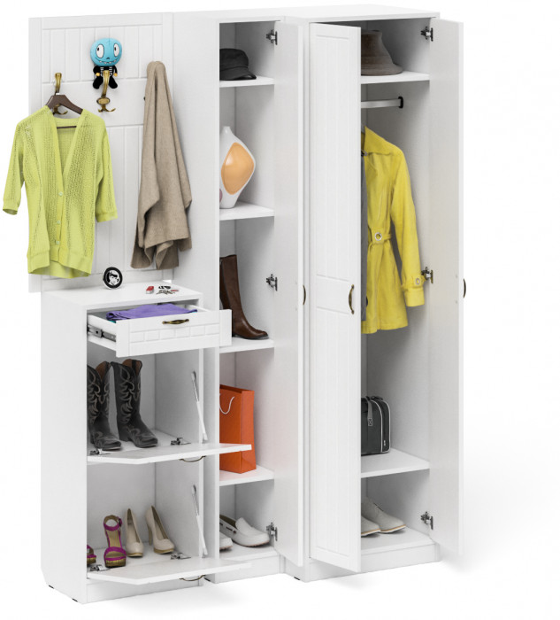 Прихожая П-6 Компоновка № 30, белая шагрень/фасады МДФ белое дерево фрезеровка прованс