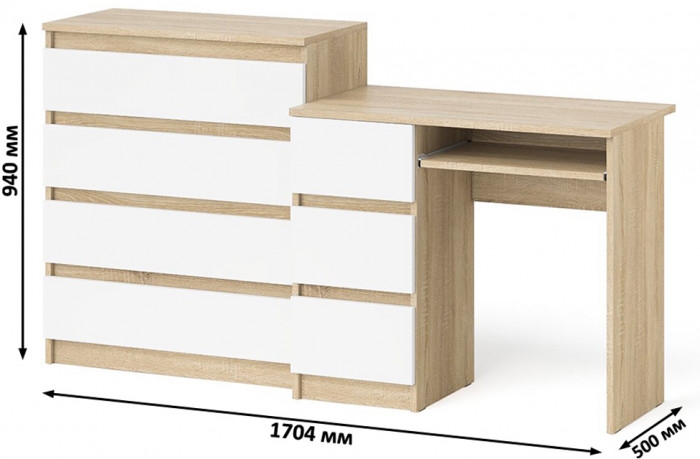 Мори компьютерный стол МС-6 левый + Комод МК800.4, дуб сонома/белый