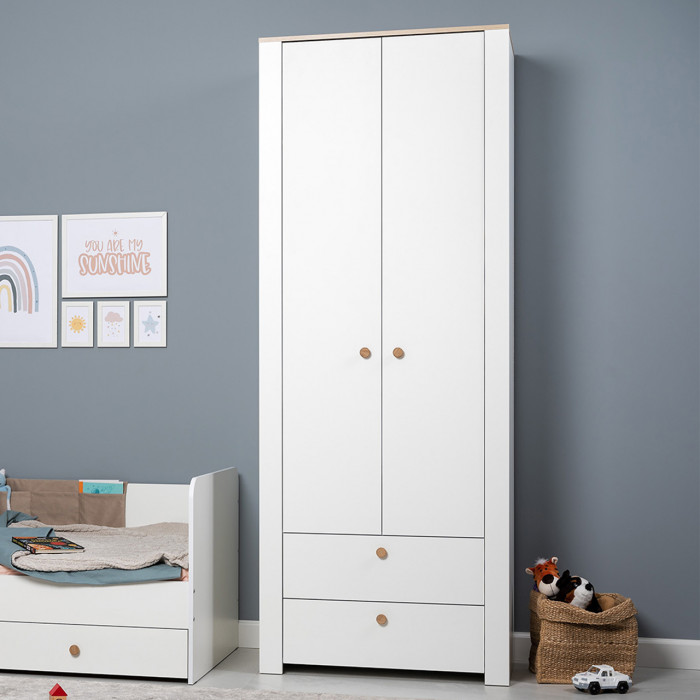 Джастин 13.339 Шкаф для одежды с ящиками, цвет белый шагрень/дуб белый эксклюзив, ШхГхВ 86х54,8х225,8 см.