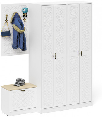 Прихожая П-6 Компоновка № 09, белая шагрень/фасады МДФ белое дерево фрезеровка ромб