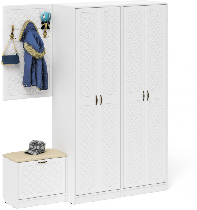 Прихожая П-6 Компоновка № 09, белая шагрень/фасады МДФ белое дерево фрезеровка ромб