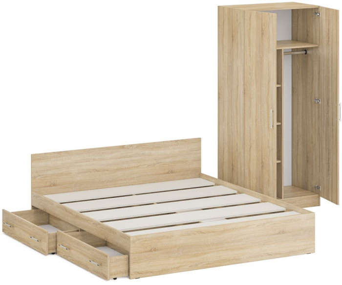 Кровать с ящиками 1800 + Шкаф 2-х створчатый Стандарт, дуб сонома