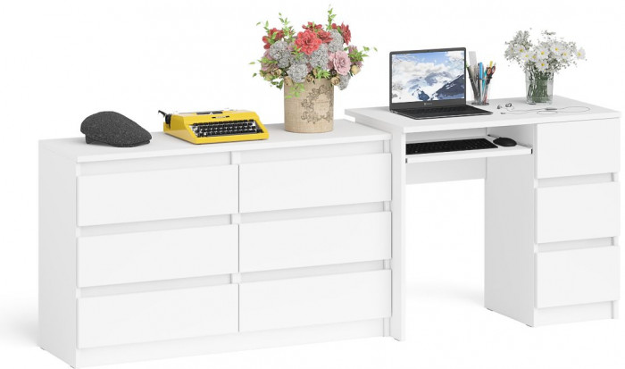 Мори компьютерный стол МС-6 правый + Комод МК1200.6, белый