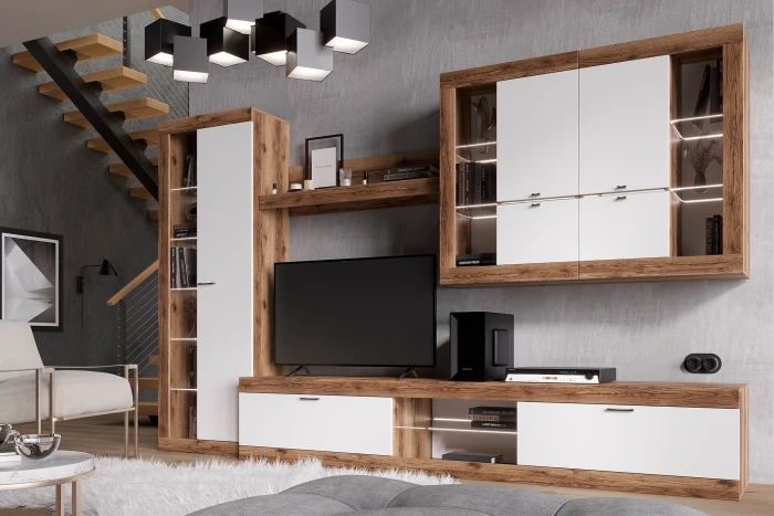 Прага Модульная Гостиная, вариант №2, Дуб Делано/Белый глянец