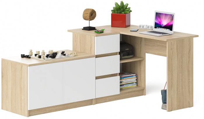 Мори Стол компьютерный МС-16 левый + Тумба МА900.1, цвет дуб сонома/белый, ШхГхВ 214,8х84,9х76,6 см., выдвижные ящики слева, НЕ универсальная сборка