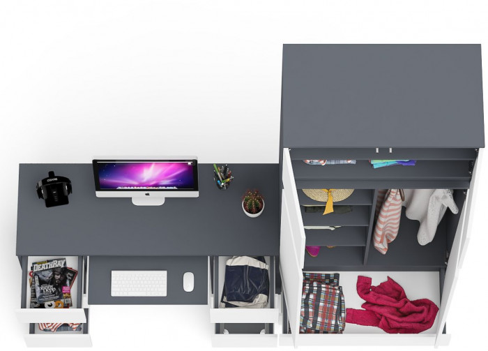 Мори Стол компьютерный МС-2 + Шкаф МШ900.1 + Антресоль МА900.1, цвет графит/белый, ШхГхВ 225,8х50,4х234,2 см., универсальная сборка