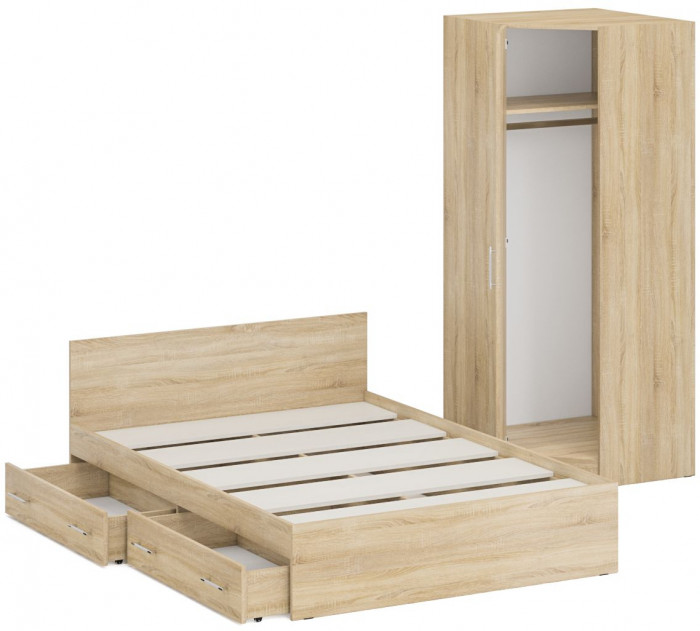 Кровать с ящиками 1400 + угловой шкаф Стандарт, дуб сонома