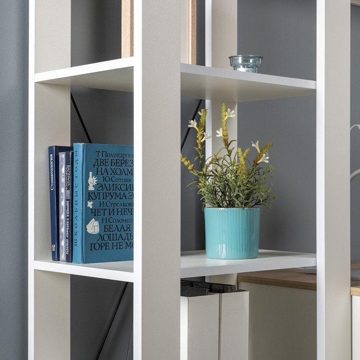 Джастин 13.354 Стеллаж открытый, цвет белый шагрень/дуб белый эксклюзив, ШхГхВ 54,8х38,9х153 см., регулируемые опоры