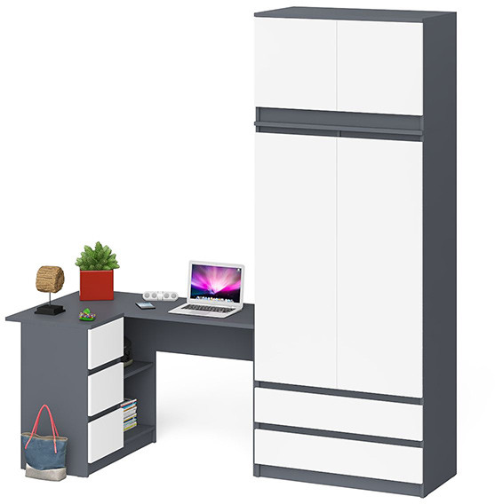 Мори компьютерный стол МС-16 левый + Шкаф МШ900.1 + Антресоль МА900.1, графит/белый
