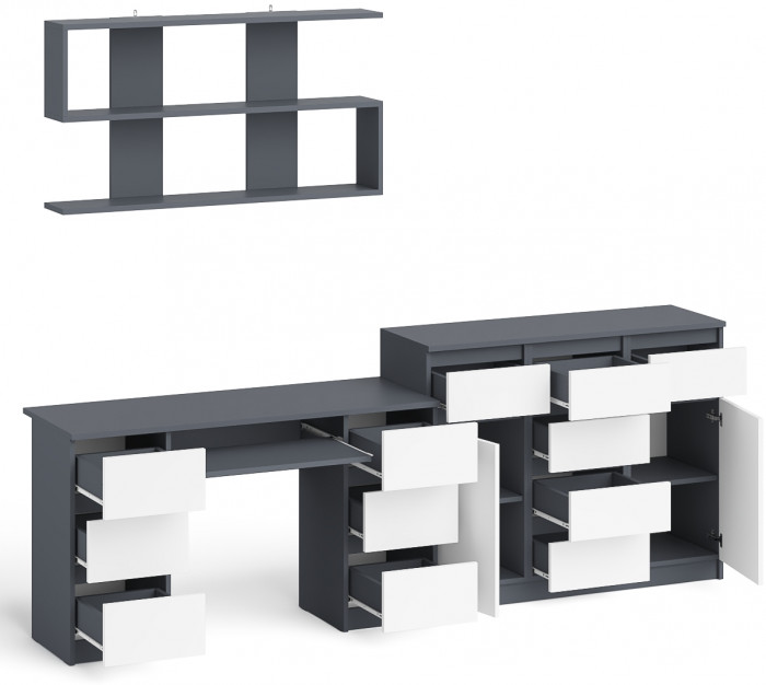 Мори компьютерный стол МС-2 + Комод МК1200.4 + Полка 1200, графит/белый