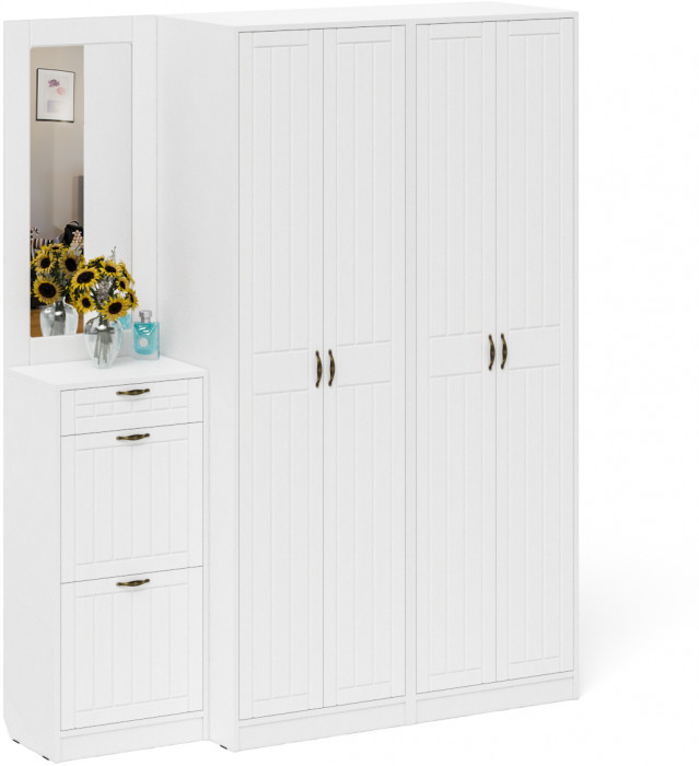 Прихожая П-6 Компоновка № 14, цвет белая шагрень/фасады МДФ белое дерево фрезеровка прованс, ШхГхВ 170х50х210 см., универсальная сборка