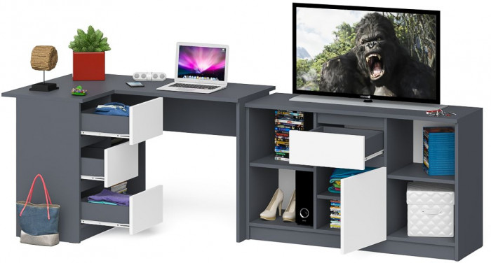 Мори компьютерный стол МС-16 левый + Тумба МТВ1204.1, графит/белый