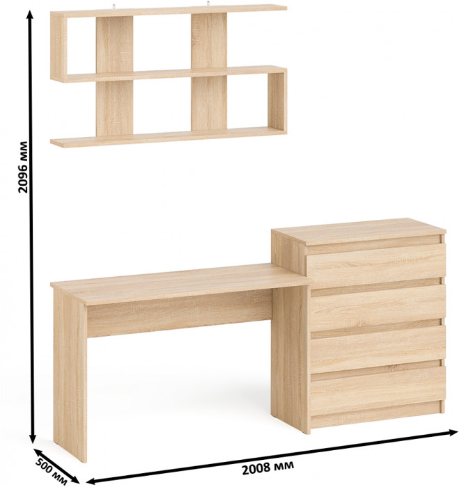 Мори письменный стол МСП1200.1 + Комод МК800.4 + Полка 1200, дуб сонома