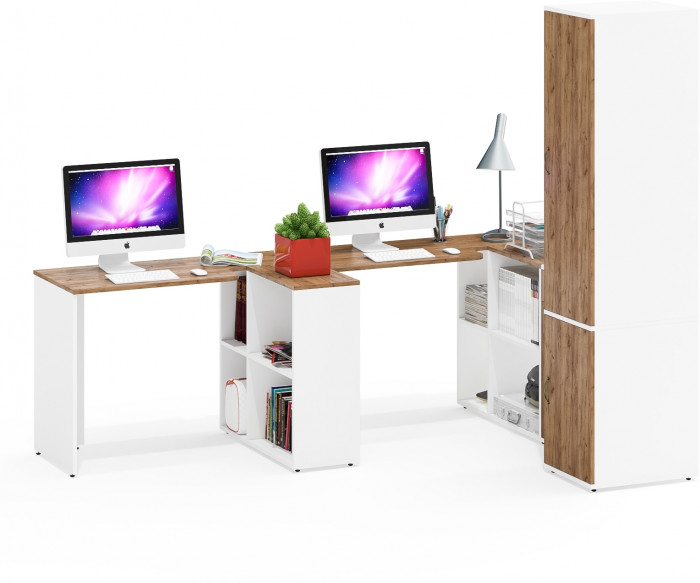 Лидер-8 Стол + Стол + Пенал МД 23Б + Тумба МД 3.15, цвет белый шагрень/крафт золото, ШхГхВ 410х50х75/190 или 230х160/50х75/190 см., НЕ ун. сб.