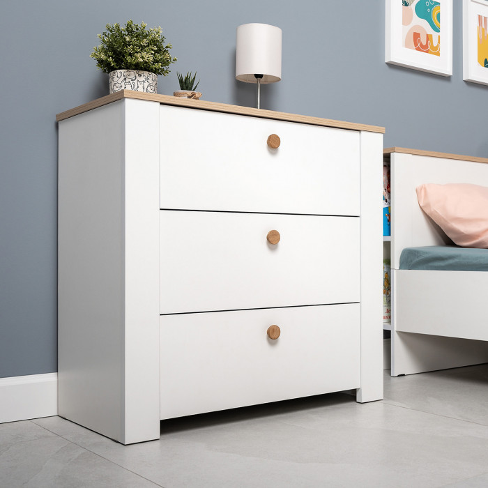 Джастин 16.228.03 Комод, цвет белый шагрень/дуб белый эксклюзив, ШхГхВ 76,6х39,2х75,3 см. (три выдвижных ящика)