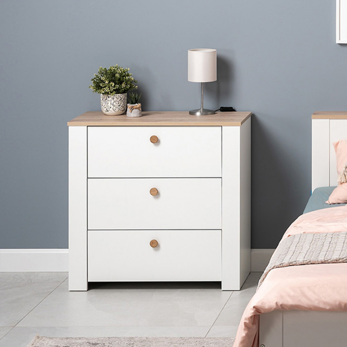 Джастин 16.228.03 Комод, цвет белый шагрень/дуб белый эксклюзив, ШхГхВ 76,6х39,2х75,3 см. (три выдвижных ящика)