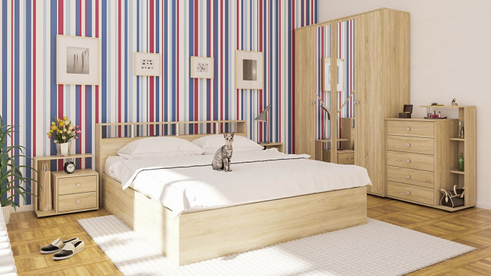 Камелия спальня № 4 Кровать 1800 + Две тумбы + Комод + Шкаф 4-х створчатый, цвет дуб сонома, сп.м. 1800х2000 мм., б/м, основание есть