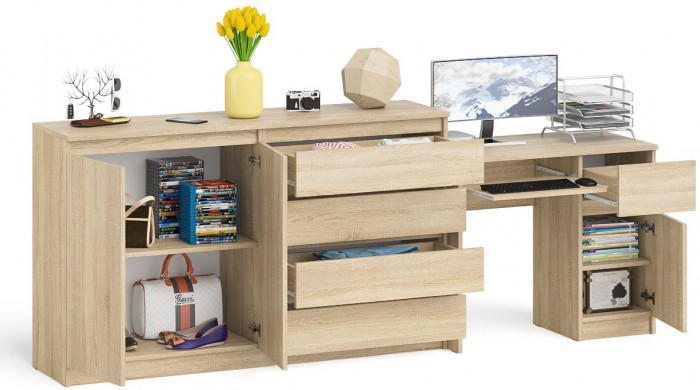 Мори компьютерный стол МС-1 правый + Комод МК1600.1, дуб сонома