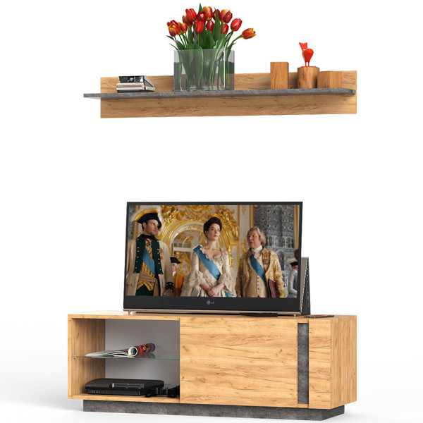 КР100 ??? Арчи № 07, цвет дуб крафт золотой/камень тёмный, ШхГхВ 130х41,3х150 см., ниша для ТВ 130х41х110 см.