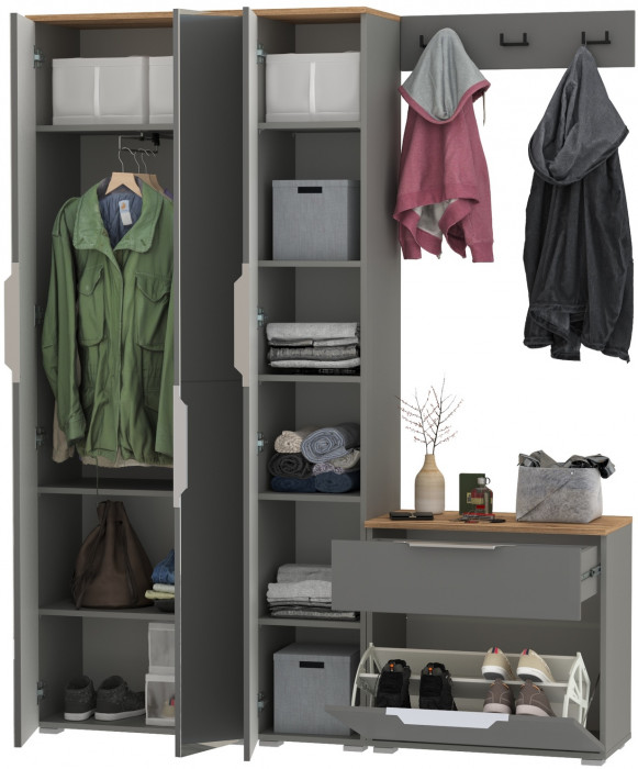 Октава Прихожая 23, цвет серый графит/дуб крафт золотой/фасады МДФ серый графит, ШхГхВ 161,5х35,4х197,6 см., универсальная сборка