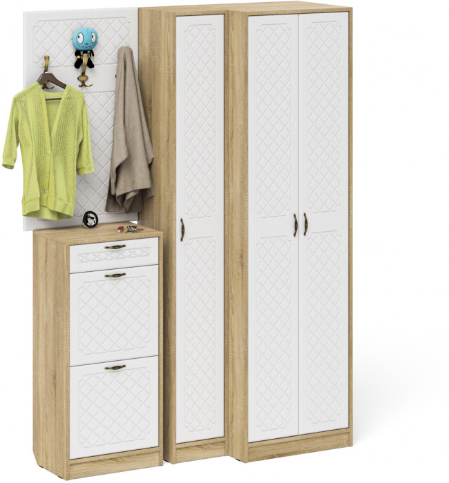 Прихожая П-6 Компоновка № 30, цвет дуб сонома/фасады МДФ белое дерево фрезеровка ромб, ШхГхВ 150х50х210 см., универсальная сборка