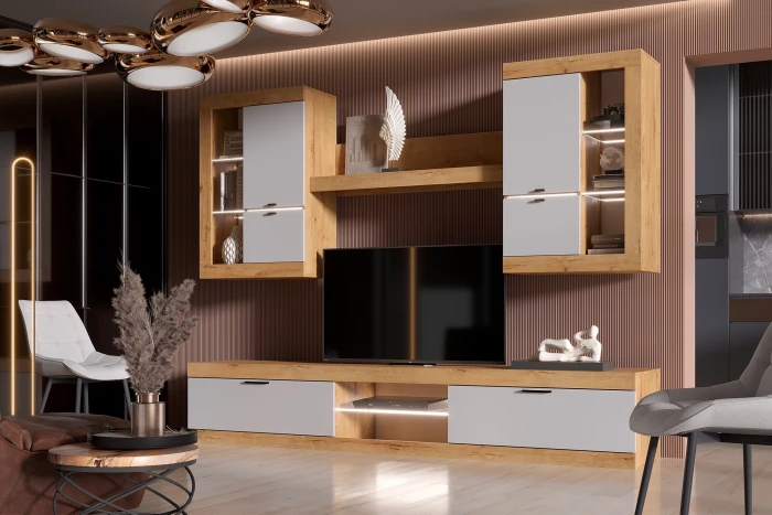 Прага Модульная Гостиная, вариант №3, Дуб Вотан/Белый глянец