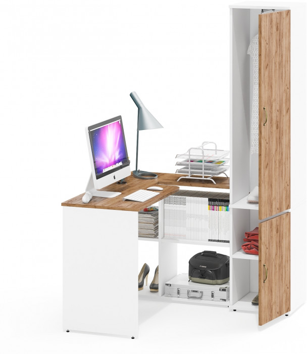 Лидер-8 Стол + Пенал МД 21Б, цвет белый шагрень/крафт золото, ШхГхВ 205х50/37,5х75/190  или 115х50/120х75/190 см., НЕ универсальная сборка