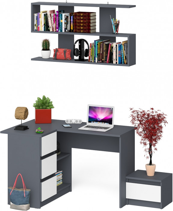 Мори Стол компьютерный МС-16 левый + Тумба ТМП400.1 + Полка 1200, цвет графит/белый, ШхГхВ 164,8х84,9х209,6 см., НЕ универсальная сборка