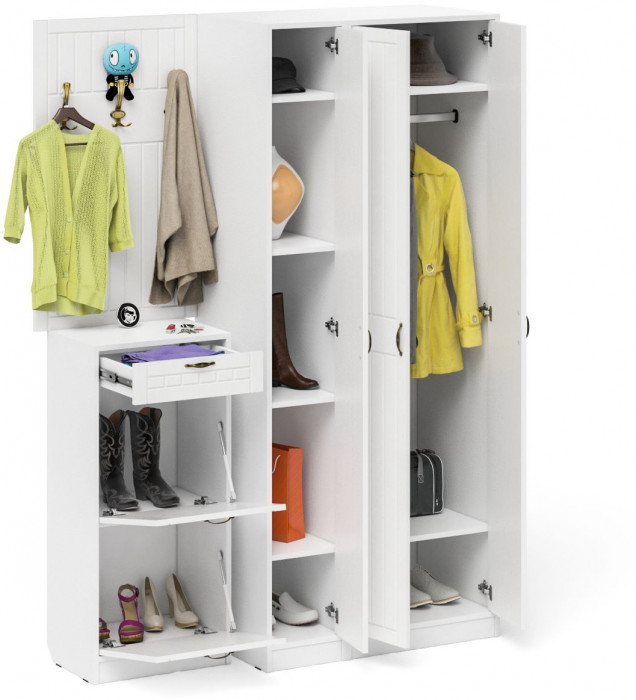 Прихожая П-6 Компоновка № 50, цвет белая шагрень/фасады МДФ белое дерево фрезеровка прованс, ШхГхВ 150х50х210 см., универсальная сборка