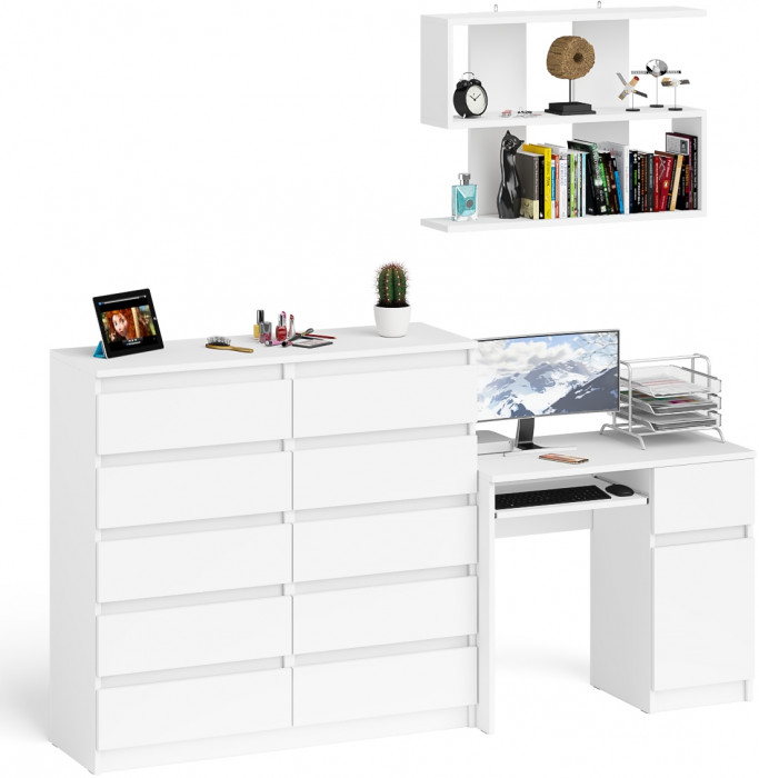 Мори Стол компьютерный МС-1 правый + Комод МК1200.10 + Полка 900, цвет белый, ШхГхВ 210,4х50х209,6 см., НЕ универсальная сборка