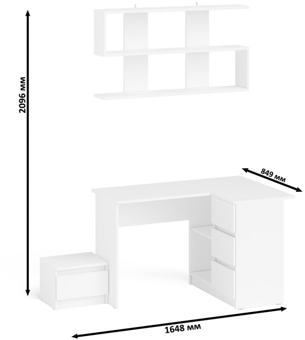 Мори Стол компьютерный МС-16 правый + Тумба ТМП400.1 + Полка 1200, цвет белый, ШхГхВ 164,8х84,9х209,6 см., НЕ универсальная сборка